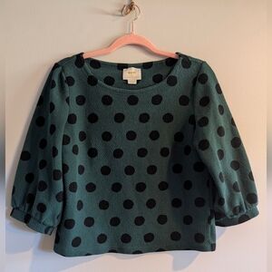 Anthropologie Maeve Green and Black Polka Dot Blouse